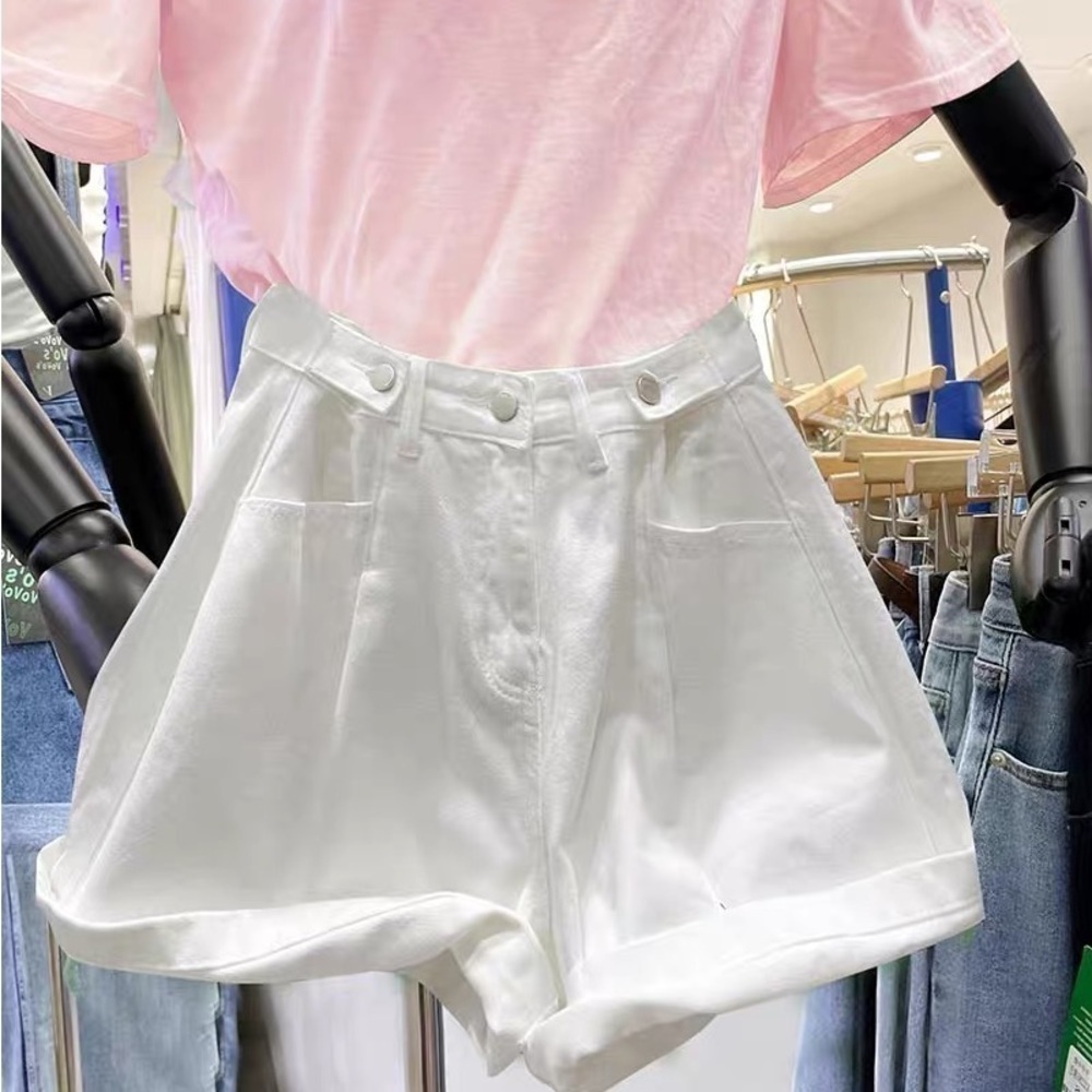 Summer Solid Demin Women Shorts Loose Button‎ Pockets High Waist Casual 28in